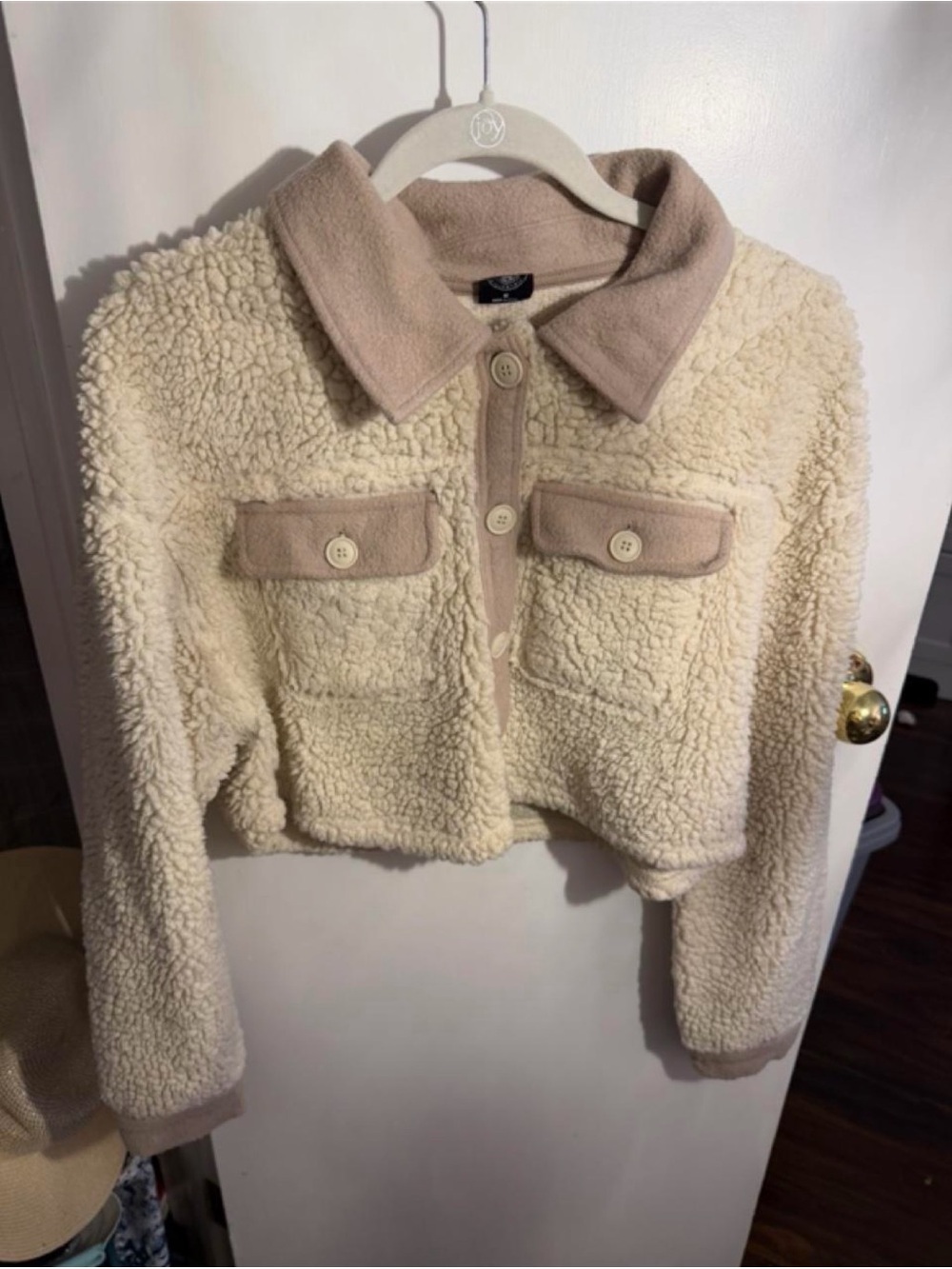 Pacsun Cream Teddy Sherpa Cropped Fleece Jacket Tan Contrast M